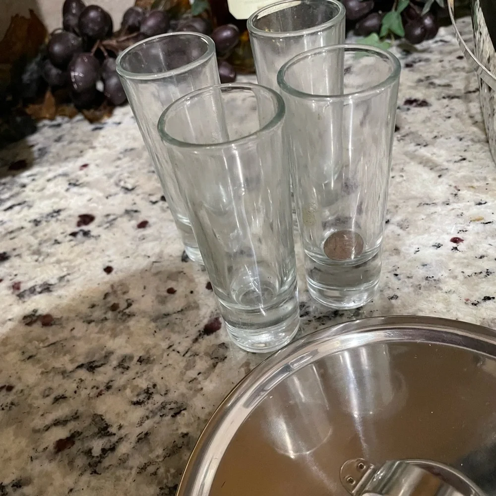 Oggi Elegant Stainless Steel Ice Bucket Set w Tongs and 4 highball glasses NEW